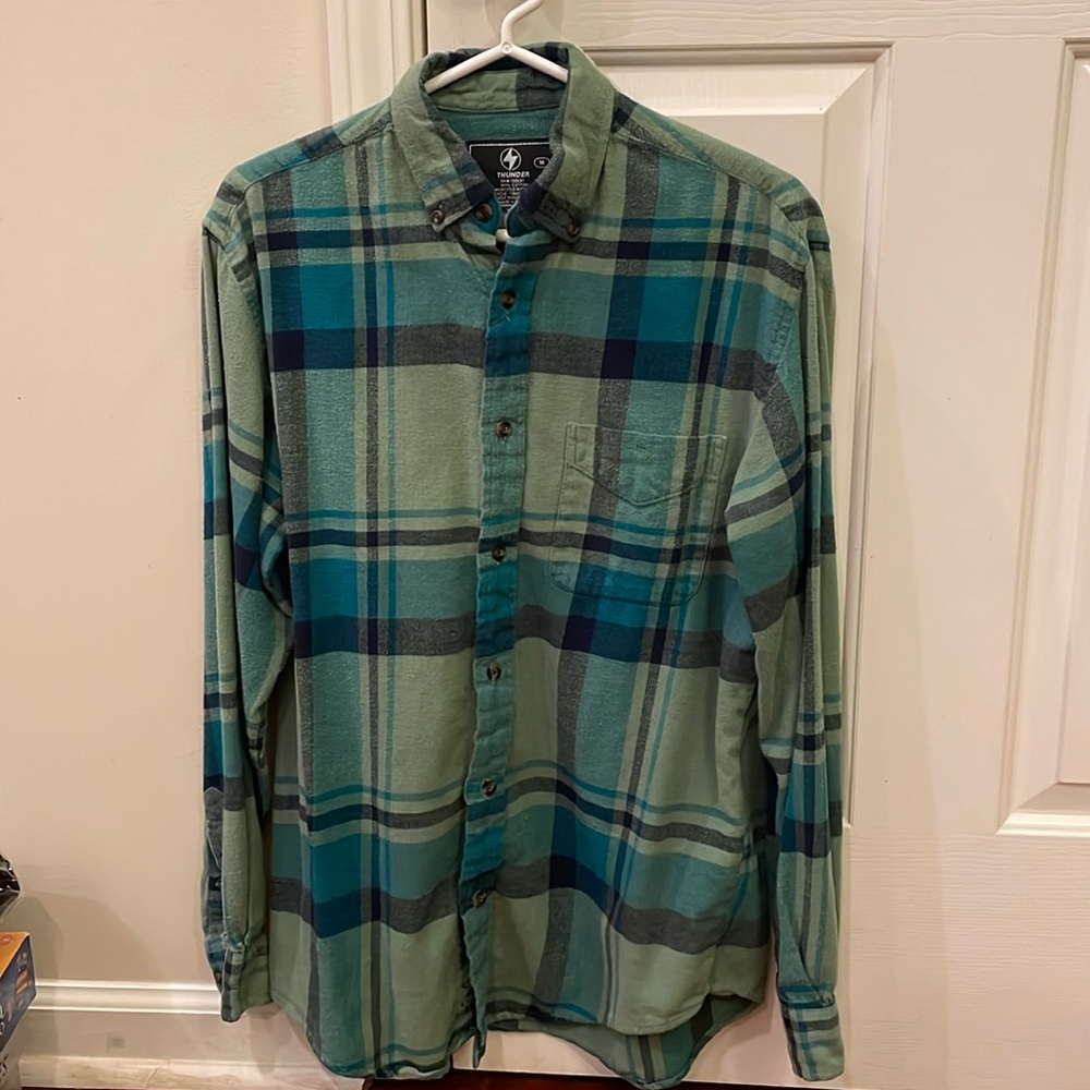 Long sleeve flannel plaid comfy blue/green shirt—unisex Medium